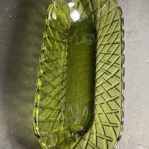 Vtg Avocado Green Indiana Glass Celery Dish Pretzel Pattern T91